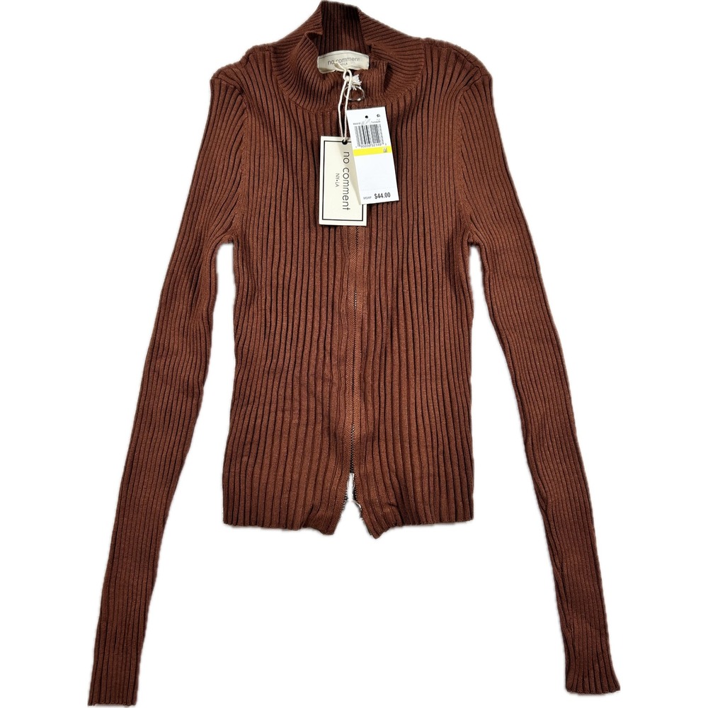No Comment NY LA Brown Ribbed Zip Up Mock Neck Cardigan RS620187 Tortoise Shell